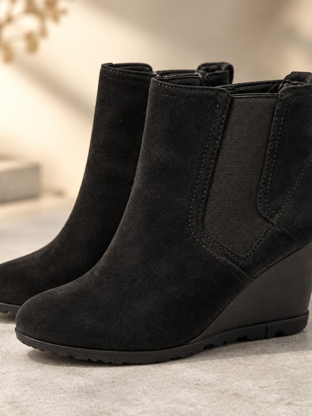Women's Black Suede Sorel Wedge Ankle Boots